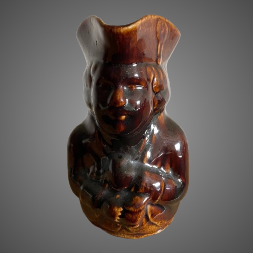 Vintage antique brown Bennington style pottery Toby character jug READ